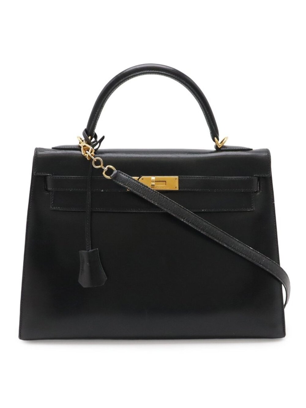 Hermes Kelly 32 Handbag Vintage Sellier Box Calf Leather Black Gold